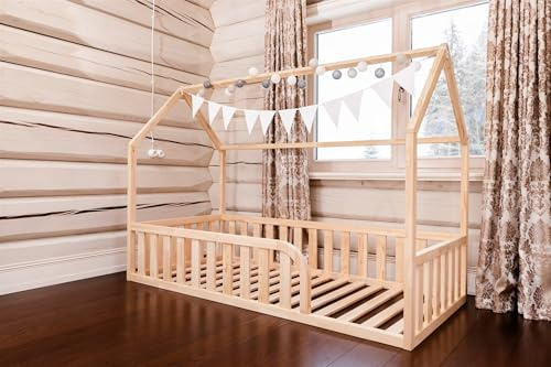 Mandrele - Montessori Bett, Hausbett mit Lattenrost, Rausfallschutz Bett, Bodenbett, Kinderbett, Holzbett mit Bettgestell für Jungen und Mädchen, 120x200 cm, Weiß