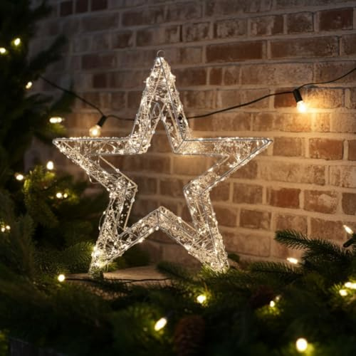 Mr Crimbo 50cm 3D Light Up Christmas Star – Warm White LED Decoration with 300 Copper Wire Lights & Beaded Detail, Indoor/Outdoor Hanging Ornament with Timer Function