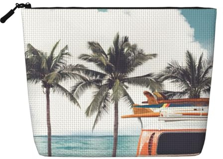 Colorful Bus Palm Tree Daily Use Makeup Bag Fake Hemp Travel Toiletry Organizer Large Capacity Water Resistant