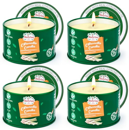 Candele alla citronella per esterni, 4 candele alla citronella, 120 ore di combustione, candele da giardino, cera di soia naturale, set di candele profumate per campeggio, terrazza, picnic