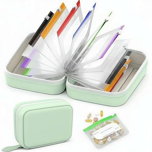Waterproof Pill Pouch Set,Pill Organizer Binder with 14Color-Coded Removable Bags,Reusable Waterproof PillPouch,Portable Travel Medication Storage Pouch for Daily Use Holding Supplements &Vitamins