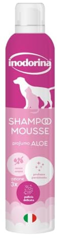 Inodorina Shampoo Secco per Cani, Gatti e Cuccioli (300 ml, Profumo di Aloe) – Mousse ad Azione emolliente e detergente – Rispetta Il PH Naturale, Ideale per lavaggi frequenti