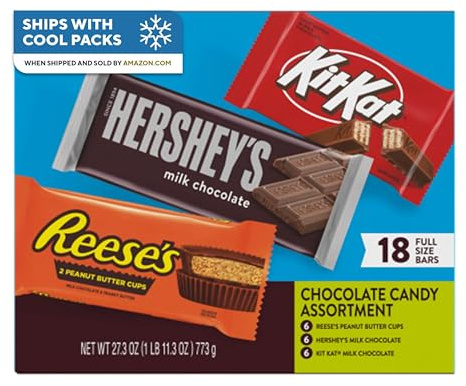 HERSHEY'S, KIT KAT and REESE'S Assorted Milk Chocolate Candy Variety Box, 27.3 oz (18 Count)