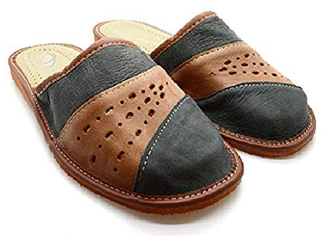 Men`s Handmade Leather Slippers 100% Natural Leather (Size UK 9 / EU 43) Graphite and Brown