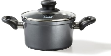 STONELINE Aluguss Kochtopf 18 cm, Kleiner Topf mit Deckel 2 L, Antihaft beschichtet mit echten Steinpartikeln, Kochtopf Induktion 18 cm, für alle Herdarten, Backofen, Kochen ohne Fett oder Öl, Grau
