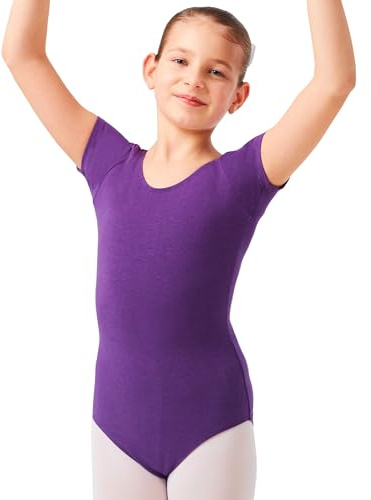 tanzmuster Ballettanzug Mädchen Kurzarm - Sally - aus weichem Baumwollstoff - Ballett Trikot Ballettbody in lila, Größe 140/146