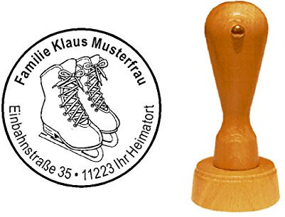 Stempel Holzstempel Motivstempel « SCHLITTSCHUHE » Durchmesser ca. Ø 40 mm - mit persönlicher Adresse und Motiv - Eiskunstlaufen Eisschnelllauf Eissport Winter Wintersport
