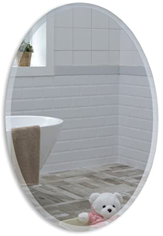 Neue Design Mood® Premium Oval Bathroom Mirror, Wall Mounted Bevelled Frameless Mirrors, Hangs Both Ways, Toilet Bedroom Hallway, (50cm x 40cm)