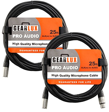 Gearlux XLR Microphone Cable, Fully Balanced, Male to Female, 25 Feet - 2 Pack