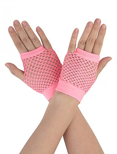 sourcing map Damen Fingerlose Netzhandschuhe farbig für 80er Jahre Kostüm Partybedarf Kostümzubehör Rosa Short-1Pair