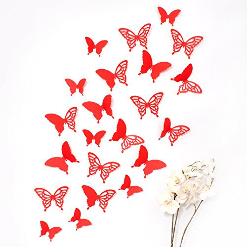WANDKINGS 3D Schmetterlinge in ROT mit Ornamenten/Muster, 12 STÜCK im Set mit Klebepunkten