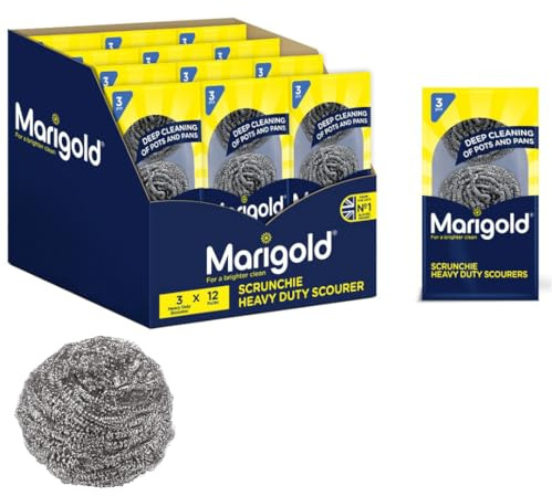 Marigold Scrunchie Stainless Steel Scourers | Heavy‑Duty Metal Spiral Pads for Stubborn Dirt & Burnt‑On Food | 12 Packs of 3 (36 Total) | 100% Rust‑Resistant Stainless Steel for Deep Cleaning