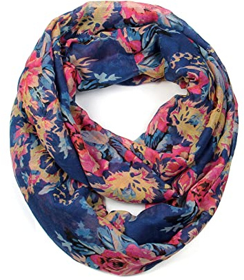 Scarfand's Romantic Rose Prints & Floral Patterns Lightweight Infinity Fashion Scarves Wraps (Bouquet Rose Navy)