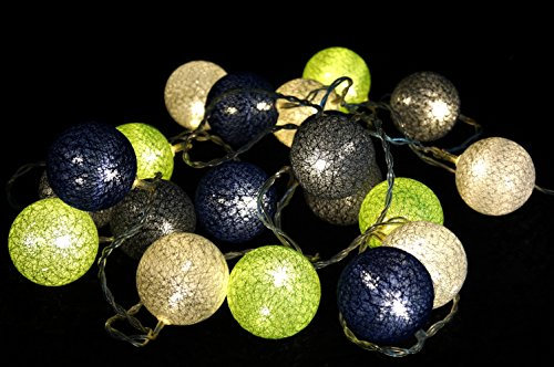 GURU SHOP Stoff Ball Lichterkette, 20`er LED Kugel Lampion Lichterkette - Grün/blau/grau, 6x6x435 cm