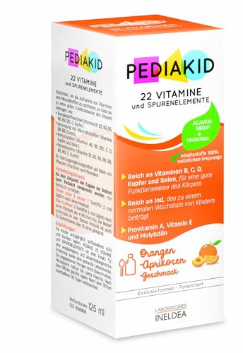 PEDIAKID-Complément Alimentaire Naturel Pediakid 22 Vitamines et Oligo-Éléments -Formule Exclusive au Sirop d'Agave -Optimise les Apports en Vitamines et Minéraux-Goût Orange Abricot -Flacon de 125 ml