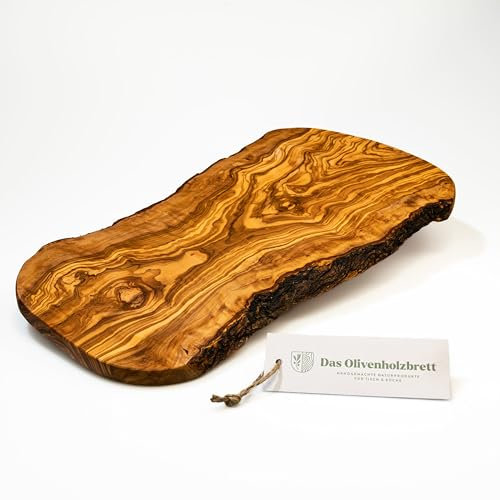 DAS OLIVENHOLZBRETT® Schneidebrett Olivenholz/Antipastibrett/Servierbrett aus Olivenholz/Charcuteriebrett/naturform/Olivenholzbrett mit naturbelassenem Rand, 45cm