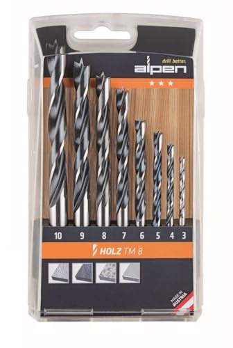 ALPEN Spiralbohrer Set 8-teilig Holz (Maschinenbohrer für Holz, ø 3-10 mm, Bohrer für Weich- und Hartholz) 0000600092100