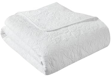 Madison Park Luxe Quilted Throw Blanket-Damask Stitching Design, Polyester, White, 60 x 70 in