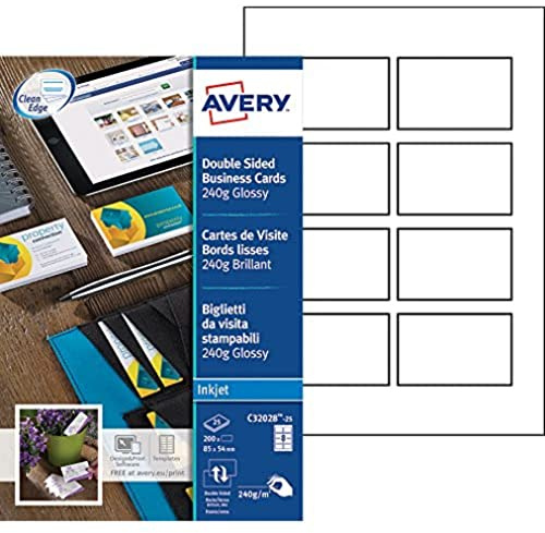 AVERY - Pochette de 200 cartes de visite à bords lisses imprimables recto/verso, En carte blanche brillante 240g/m², Format 85 x 54 mm, Impression jet d'encre, (C32028-25)