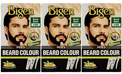 3 x Bigen Men's Beard Colour | Fórmula sin amoníaco con extracto de aloe y aceite de oliva | Cubre el cabello gris, no deja manchas, resultados duraderos | 102 marrón negro