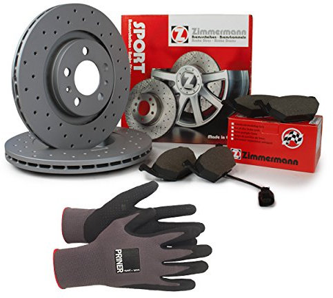 Inspektionspaket Zimmermann Sport Bremsen Set inkl. Bremsscheiben 312 mm und Bremsbeläge für vorne, 100% passend für Ihr Fahrzeug, inkl. Priner Montagehandschuhe, AN122