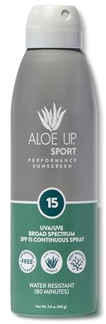 Aloe Up Sport Continuous Spray Sunscreen SPF 15 - Broad Spectrum UVA/UVB Sunscreen Protector for Face and Body - With Aloe Vera Gel - Fast Absorbing Sheer Formula - Reef Safe - Fragrance-Free - 6 Oz