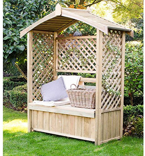Pure Origins Lyon Garden Arbour with Storage Box Seat Lattice Sides Solid Roof - Brown, Wooden Legs