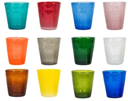 H&H Giada Set 12 Bicchieri Acqua in Vetro Colorato – Multicolore, 280 ml – Bicchieri Irregolari con Microbollicine, Robusti e Lavabili in Lavastoviglie – Segnaposto Originali