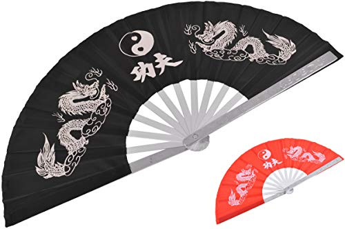 ShenLong - Éventail Tai Chi Double Dragons, Aluminium - Gaucher, Noir