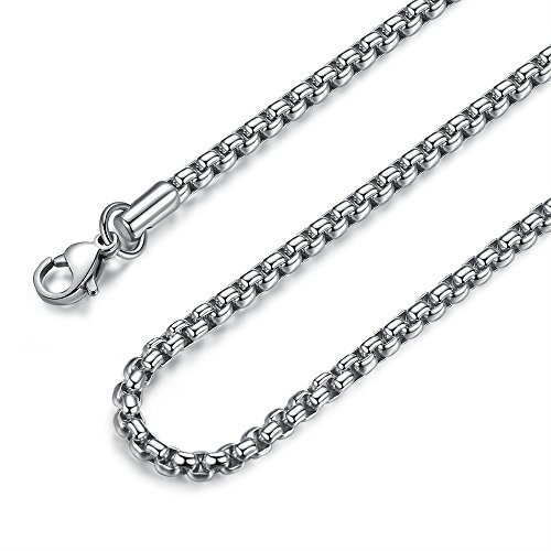 FOSIR Mens Round Box Chain, Stainless Steel Rolo Chain Necklace for Women and Men, 4mm Wide, 24 Inches