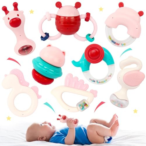 Baby Rassel Beißring Set 0-6 Monate, Baby Spielzeug 0 3 6 9 Monate, Frühe Lernspielzeug Spielzeug für 0-12 Monate Neugeborene, Mädchen und Jungen, Baby Geschenk