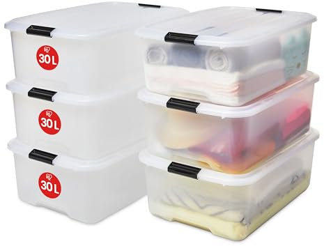 Iris Ohyama Aufbewahrungsbox mit Deckel, 30L, 6er-Set, Transparent, Schnappverschlüsse mit Griffen, Stapelbar, Stark & Langlebig, Für Kleidung, Garage, Zuhause, Büro, Plastikbox, Lagerung TB-30