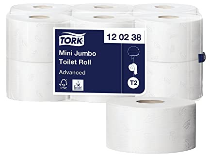Tork Mini Jumbo Toilet Paper Roll White T2, Advanced, 2-ply, 12 x 170 metres, 120238