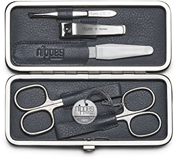 nippes Solingen Maniküre Set Raute, 5-teilig, Lamm-Nappa-Etui mit Rahmen und Lederfutter innen, Nagelset Made in Germany, Nagelpflege Set mit vernickelten Instrumenten
