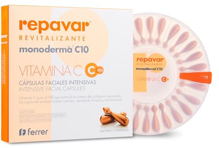Repavar Revitalizante - Cápsulas Faciales Intensivas Monoderma - Elaboradas con Vitamina C - Tratamiento Antimanchas y Antienvejecimiento - 28 Cápsulas Monodosis