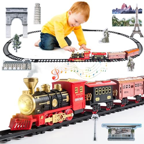 DONGQI Ensemble de Train Electrique Noel pour Enfants, Jouet avec Fumé, Sons, Lumières, Rails, Locomotive à Vapeur, Cadeau de Noël pour Garçons et Filles 3 Ans et Plus