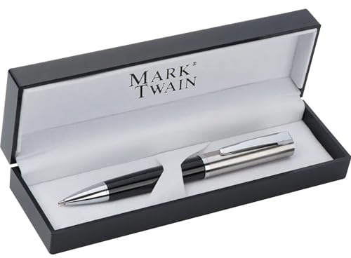 Mark Twain Stylo à bille rotatif en métal lourd argenté et noir élégant avec mécanisme rotatif avec étui noir Instrument d'écriture professionnel de qualité supérieure et idée cadeau pour homme et