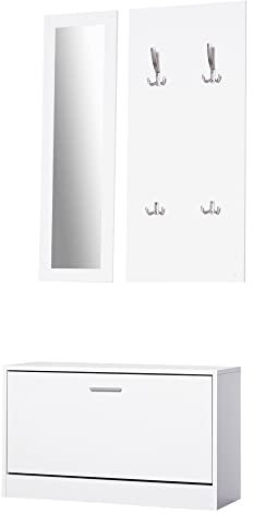 HOMCOM 3-teiliges Garderoben-Set Flurgaderobe mit Schuhschrank Garderobe Wandspiegel 4 Haken Weiß 30 x 100 cm (Spiegel)