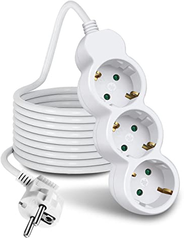 EXTRASTAR Steckdosenleiste Mehrfachsteckdose 3-Fach mit Save Energy Schalter zum Stromsparen, 3M Kabel, Kindersicherung, mit Haken 16A, 3680W, Weiß
