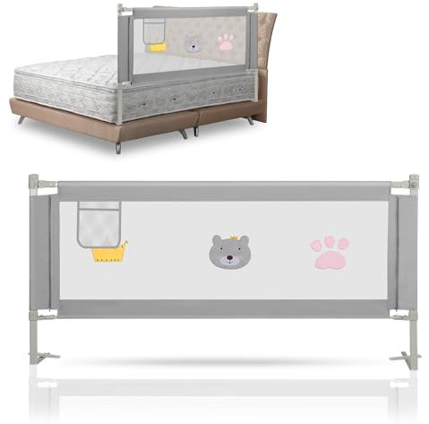 Eulenke 180cm Bettgitter, Bettschutzgitter für Kinderbett, Höhenverstellbar von 70-98cm, Rausfallschutz Bett für Kleinkinder, Kinderbett-Gitter, bettgitter rausfallschutz, Grau