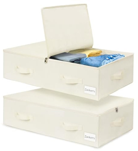 Vmglgig Underbed Storage Boxes, 2 Pack Large Under Bed Storage Boxs with Lid, Foldable Clothes Storage Boxes Under Bed Storage Organiser Bags for Clothes, Comforters, Blanket, Bedding (Beige)