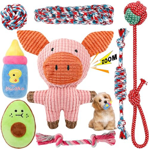 RIO Direct Hundespielzeug kleine Hunde, 8 Stück Quietschendes Plüsch Hundeseil, Welpenspielzeug Kleine Welpen Waschbares Natürlicher Baumwolle und Ungiftig(Niedliches Schwein Styles)
