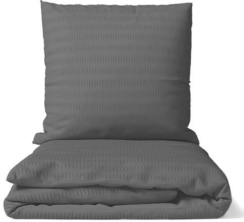 Seersucker Bettwäsche Wendeoptik Bettwäsche Bettgarnitur Bettbezug Microfaser, Größe:135 x 200 cm, Farbe :Grau