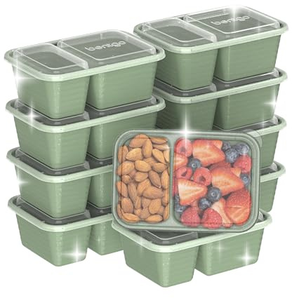 Bentgo Prep - 2-Compartment Snack Containers with Lids - Reusable, Microwaveable, Durable, PFAS & BPA-Free, Freezer, & Dishwasher-Safe Meal Prep Food Storage - 10 Trays & 10 Lids (Basil Glitter)