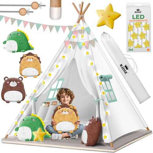 KIDIZ® Tipi Tienda de campaña para niños, 100 x 100 x 160 cm, de algodón, con cadena de luces LED, estrellas luminosas, guirnalda de banderas, 3 peluches, alfombrilla y bolsa de transporte, para