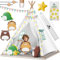 KIDIZ® Tipi Zelt für Kinder Spielzelt 100x100x160cm Kinderzelt aus Baumwolle mit LED-Lichterkette, Leuchtstern, Fahnengirlande, 3 Plüschtiere, Untermatte & Tragetasche Spielhaus für drinnen & draußen