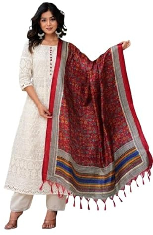 Sambhav Quilt Hub Kvinnors rena Chikankari Kurta byxor med Dupatta silkeschanderi med digitalt tryck Duppta-set, Vit 2, M