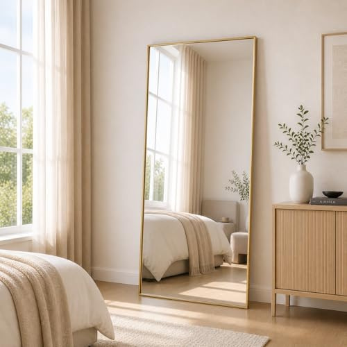 Lvguang Espejo de Pie Moderno 52x161 cm | Espejo de Cuerpo Entero Resistente con Marco de Aluminio Estrecho | para Salón, Dormitorio y Vestidor | Función Doble: De Pie o Colgante