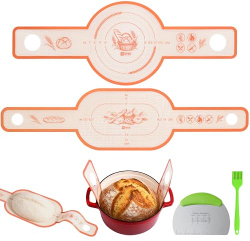 Inwee Brödlyft 2 st., Silikon Bakmatta för Dutch Oven, Återanvändbar Non-Stick med Långa Handtag, Surdegsbröd, Degskrapa & Bakpensel, BPA-fri (Rund & Oval)