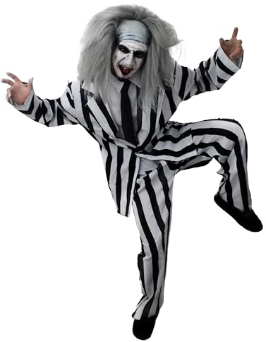 I LOVE FANCY DRESS TRAJE A RAYAS DISFRAZ DE HALLOWEEN PARA HOMBRE TRAJE Y CAMISA A RAYAS EN BLANCO Y NEGRO FRENTE + CORBATA NEGRA + PELUCA + PINTURA FACIAL (X-GRANDE)